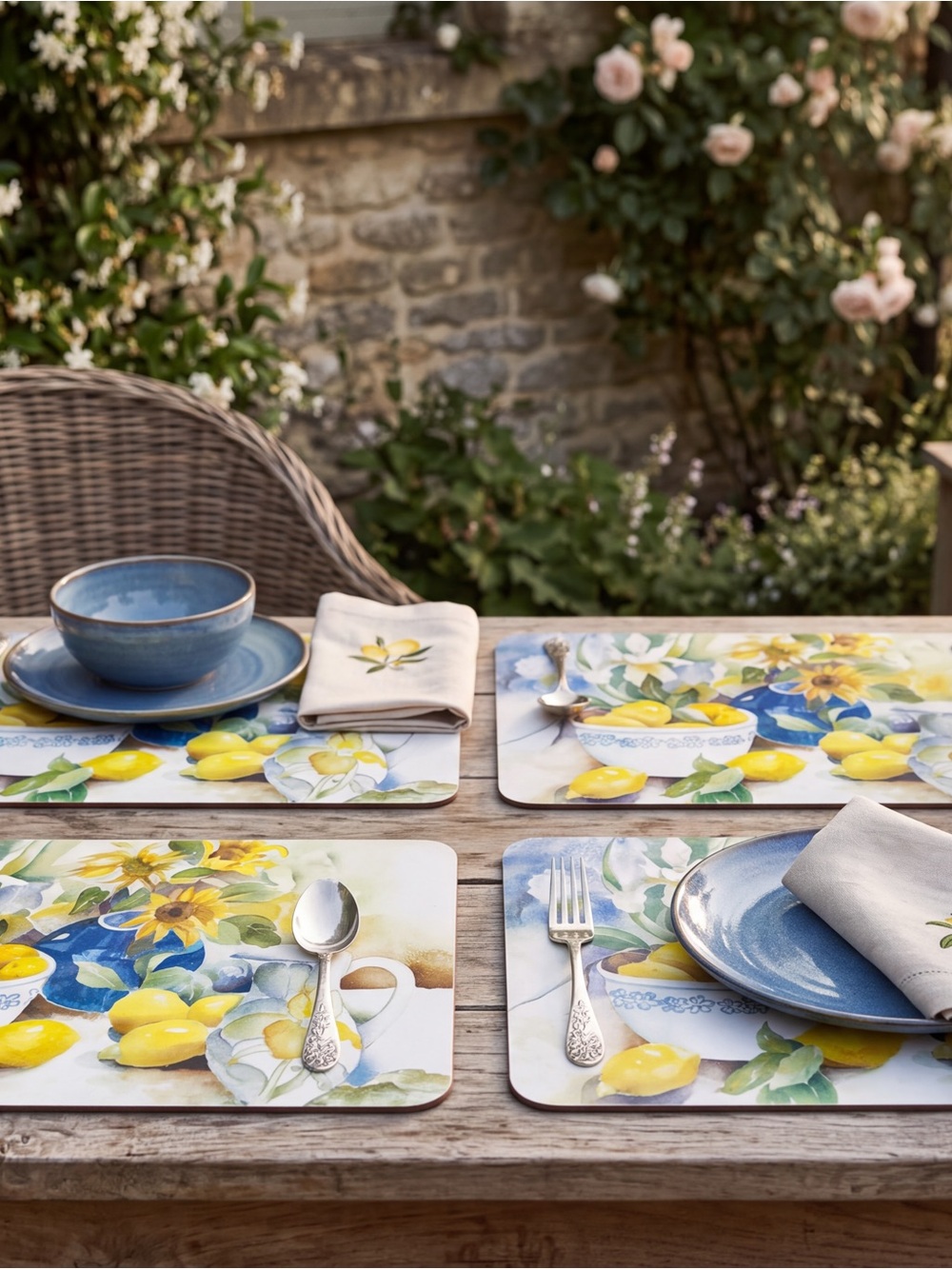 Vintage 90s  Watercolor Sunflower Lemon Table Placemats Country Cottagecore